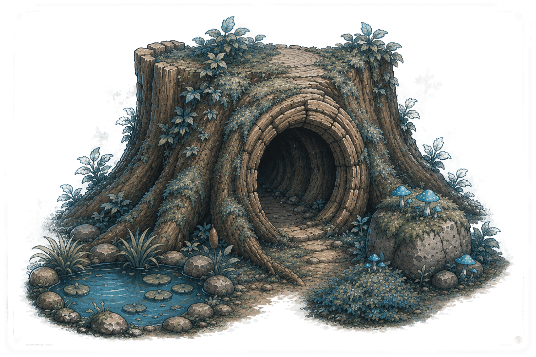 Hollow tree-stump portal tunnel surrounded by moss and a lily pond